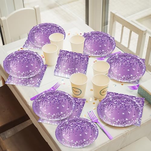 CHUNNIN 50-Piece Purple and Silver Birthday Plates and Napkins Set for 25 Guests