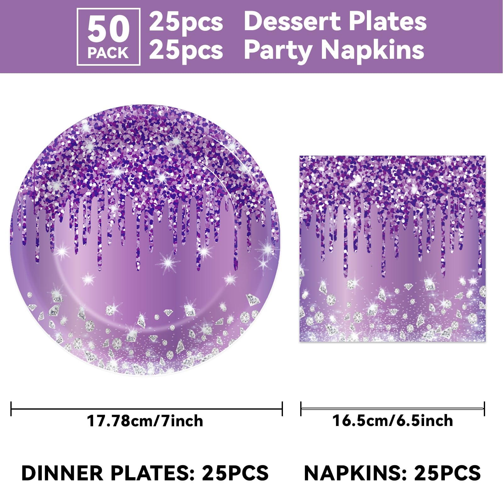 CHUNNIN 50-Piece Purple and Silver Birthday Plates and Napkins Set for 25 Guests