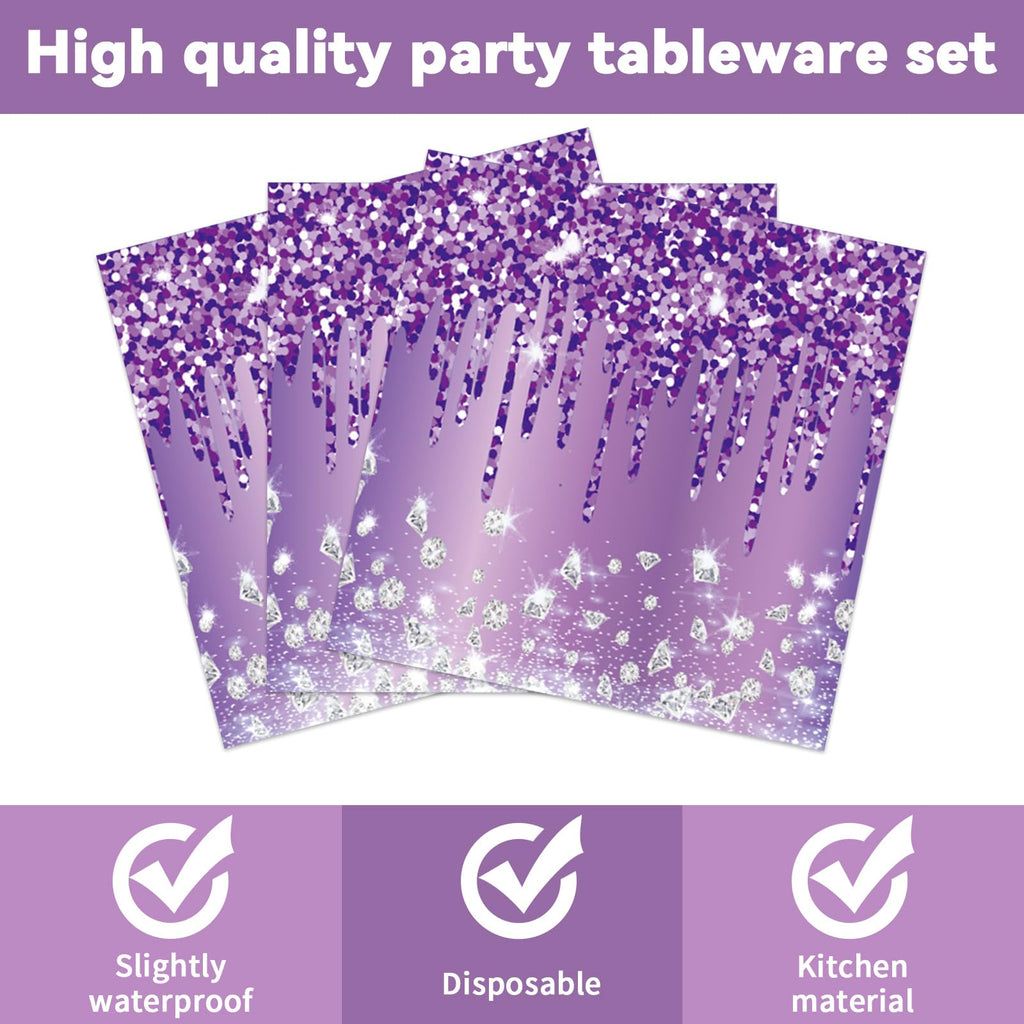 CHUNNIN 50-Piece Purple and Silver Birthday Plates and Napkins Set for 25 Guests