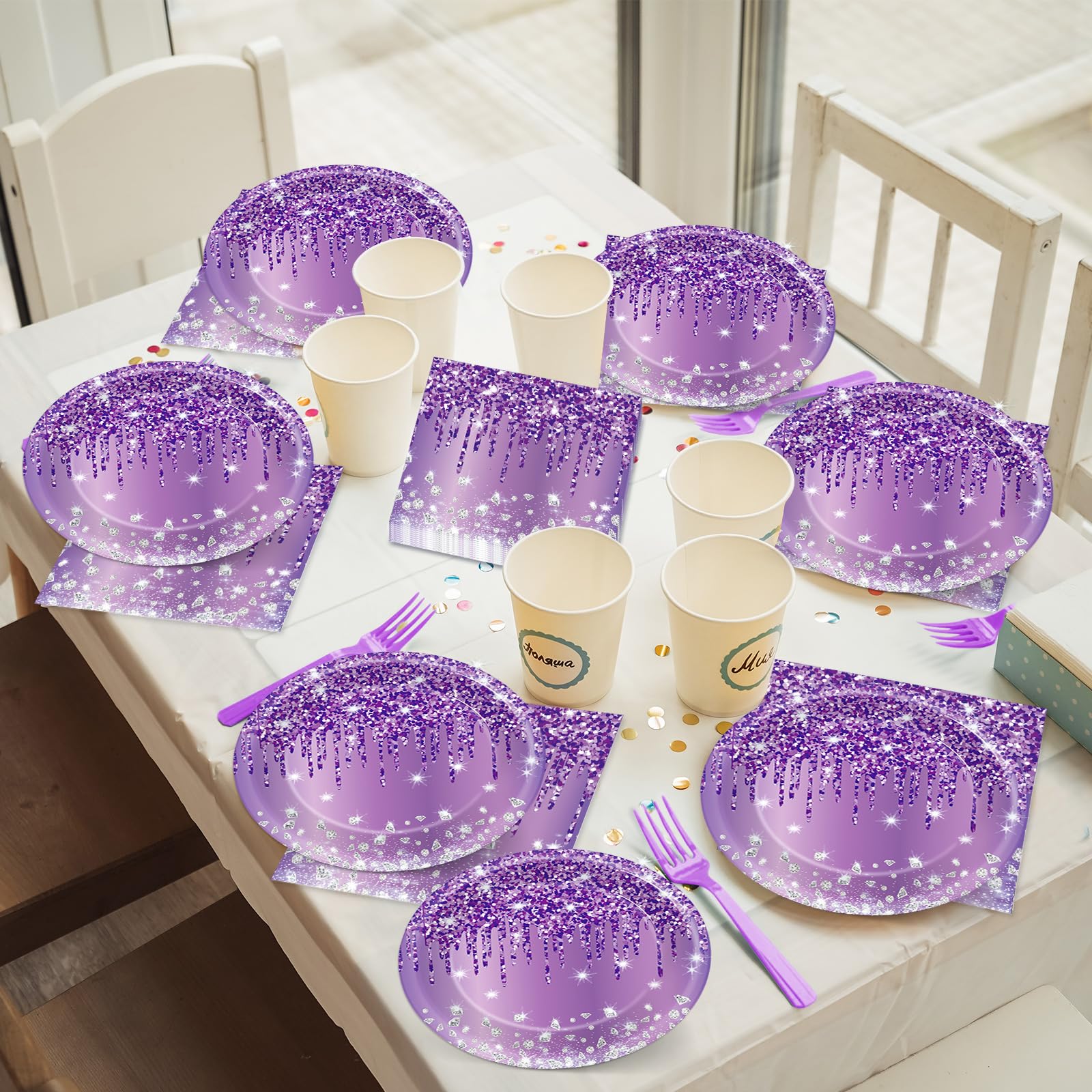 CHUNNIN 50-Piece Purple and Silver Birthday Plates and Napkins Set for 25 Guests
