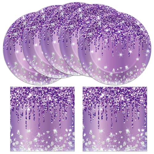 CHUNNIN 50-Piece Purple and Silver Birthday Plates and Napkins Set for 25 Guests