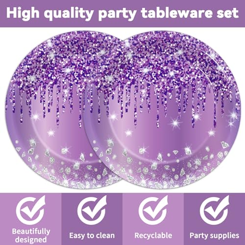 CHUNNIN 50-Piece Purple and Silver Birthday Plates and Napkins Set for 25 Guests