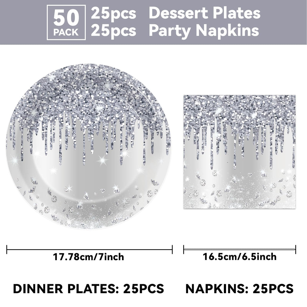 CHUNNIN 50-Piece Silver Glitter Diamond Disposable Plates and Napkins Set for 25 Guests, Birthday Party Decorations