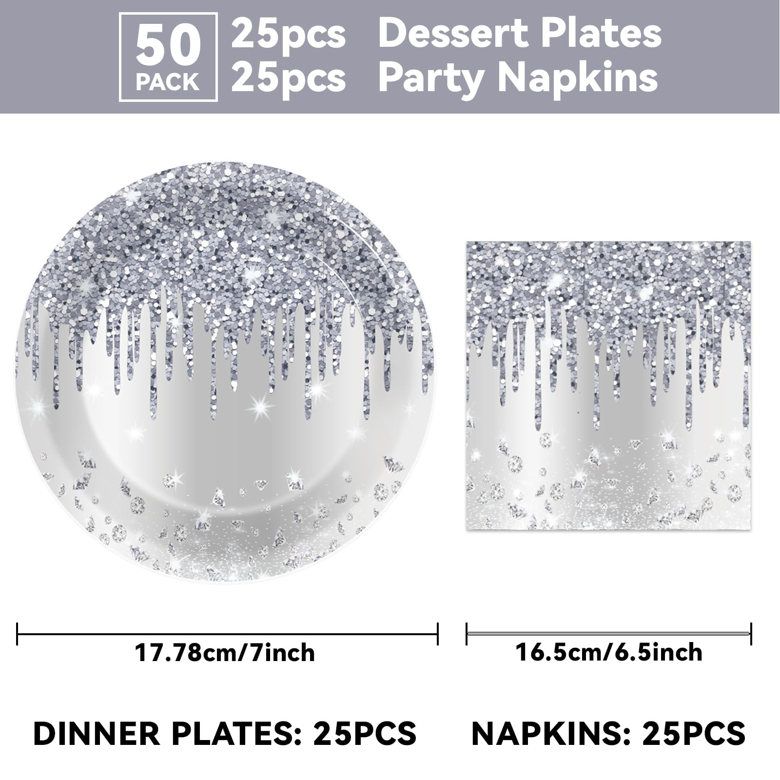 CHUNNIN 50-Piece Silver Glitter Diamond Disposable Plates and Napkins Set for 25 Guests, Birthday Party Decorations