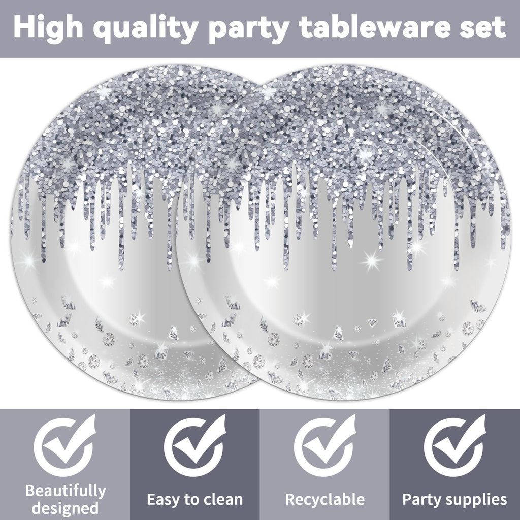 CHUNNIN 50-Piece Silver Glitter Diamond Disposable Plates and Napkins Set for 25 Guests, Birthday Party Decorations