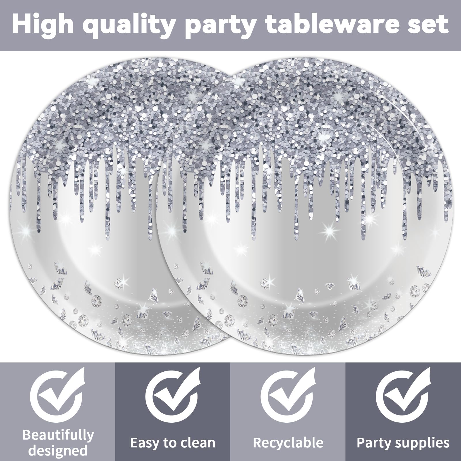 CHUNNIN 50-Piece Silver Glitter Diamond Disposable Plates and Napkins Set for 25 Guests, Birthday Party Decorations