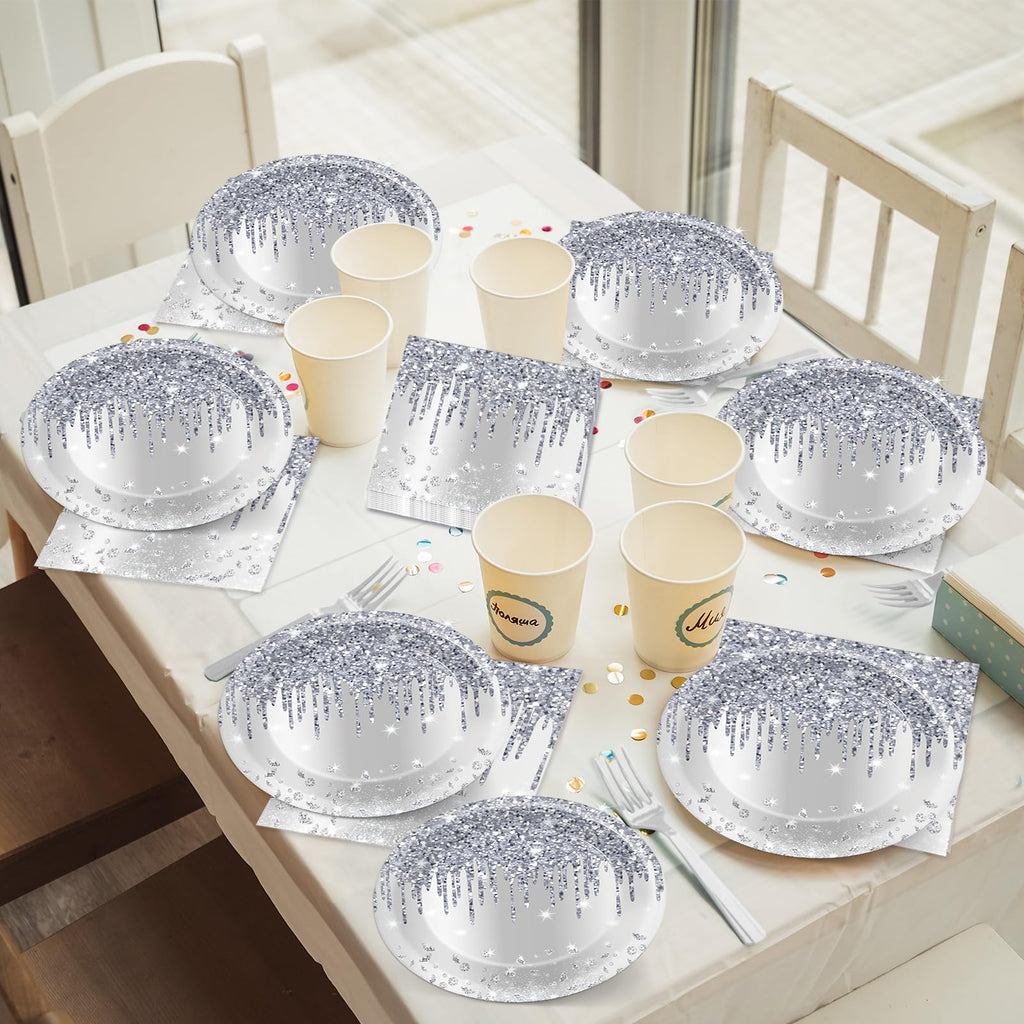 CHUNNIN 50-Piece Silver Glitter Diamond Disposable Plates and Napkins Set for 25 Guests, Birthday Party Decorations