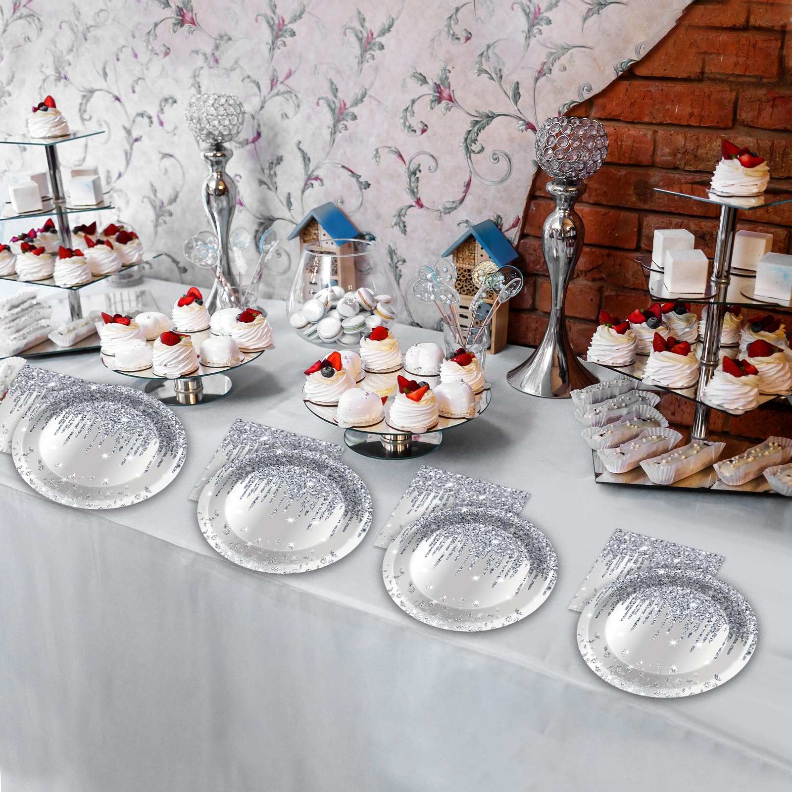 CHUNNIN 50-Piece Silver Glitter Diamond Disposable Plates and Napkins Set for 25 Guests, Birthday Party Decorations