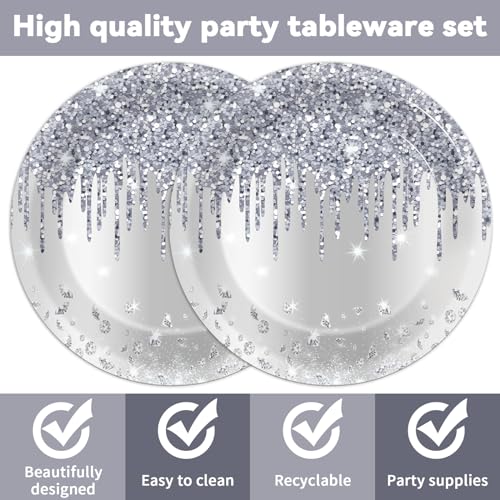 CHUNNIN 50-Piece Silver Glitter Diamond Disposable Plates and Napkins Set for 25 Guests, Birthday Party Decorations