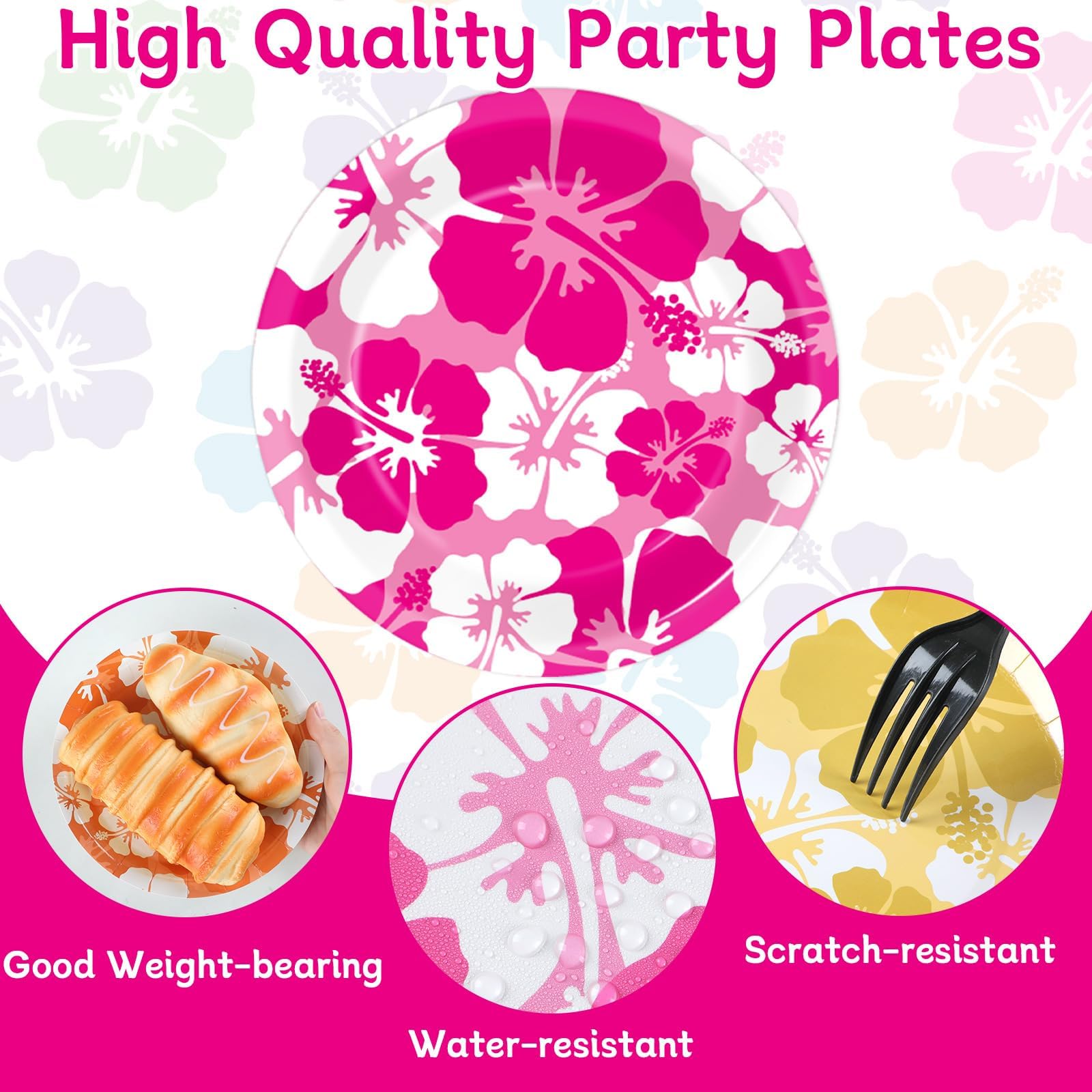 CHUNNIN 60-Pack Hibiscus Paper Plates - 7 Inch Disposable Party Plates for Summer Beach Birthday Pool Party Supplies