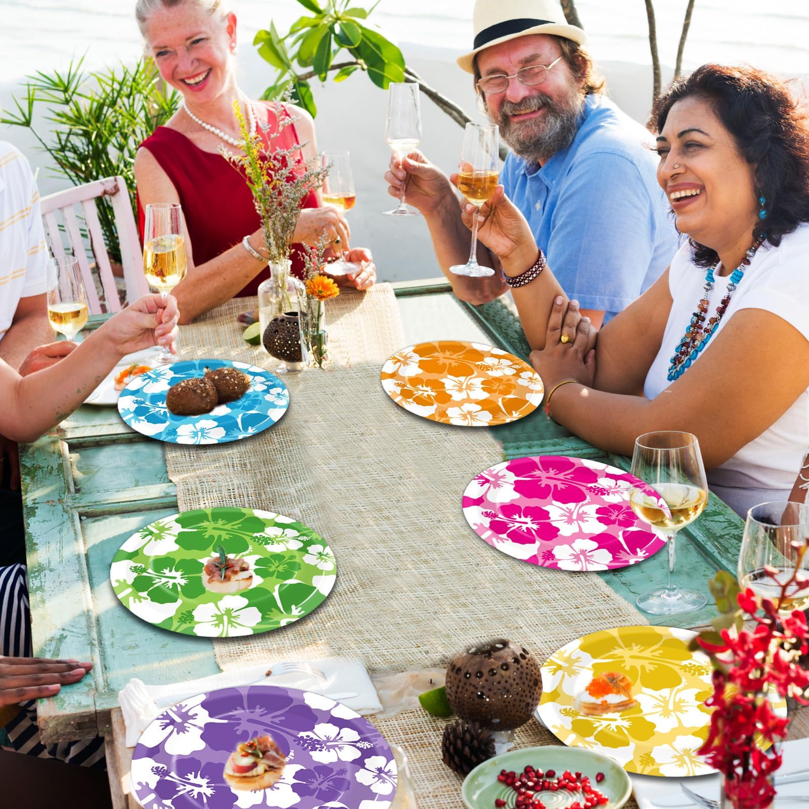 CHUNNIN 60-Pack Hibiscus Paper Plates - 7 Inch Disposable Party Plates for Summer Beach Birthday Pool Party Supplies