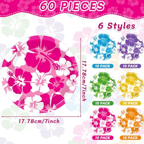 CHUNNIN 60-Pack Hibiscus Paper Plates - 7 Inch Disposable Party Plates for Summer Beach Birthday Pool Party Supplies