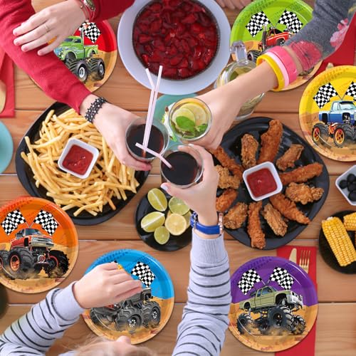 CHUNNIN 60-Piece Monster Truck Party Plates – 7 Inch Disposable Paper Plates with 6 Colorful Designs for Kids' Birthday Parties