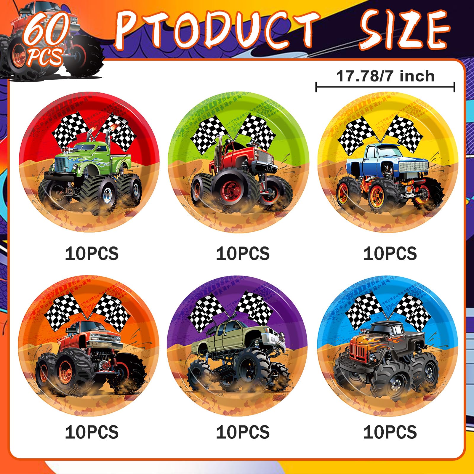 CHUNNIN 60-Piece Monster Truck Party Plates – 7 Inch Disposable Paper Plates with 6 Colorful Designs for Kids' Birthday Parties