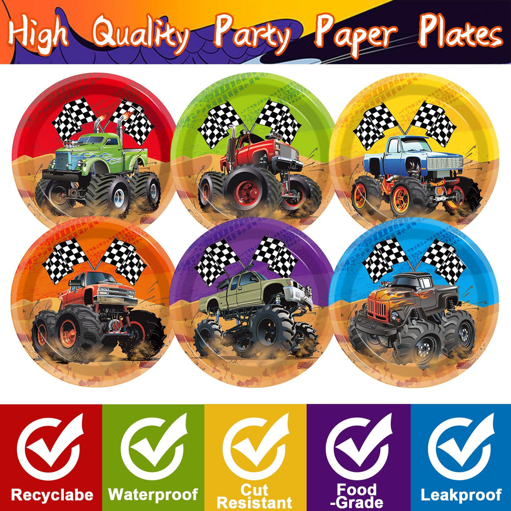 CHUNNIN 60-Piece Monster Truck Party Plates – 7 Inch Disposable Paper Plates with 6 Colorful Designs for Kids' Birthday Parties