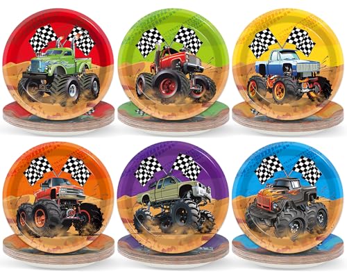 CHUNNIN 60-Piece Monster Truck Party Plates – 7 Inch Disposable Paper Plates with 6 Colorful Designs for Kids' Birthday Parties