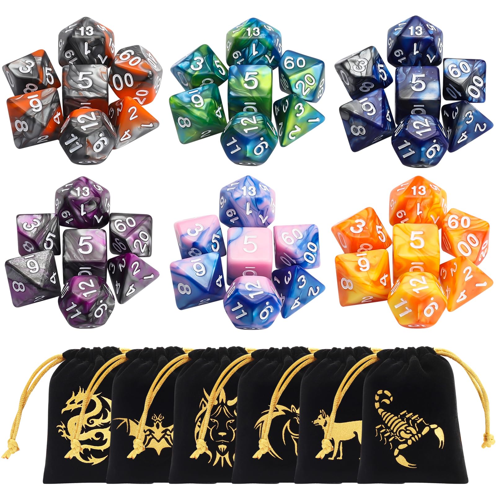 CiaraQ 42-Piece Polyhedral Dice Set – 6 Complete Sets for D&D RPG Games with Gold Pouches