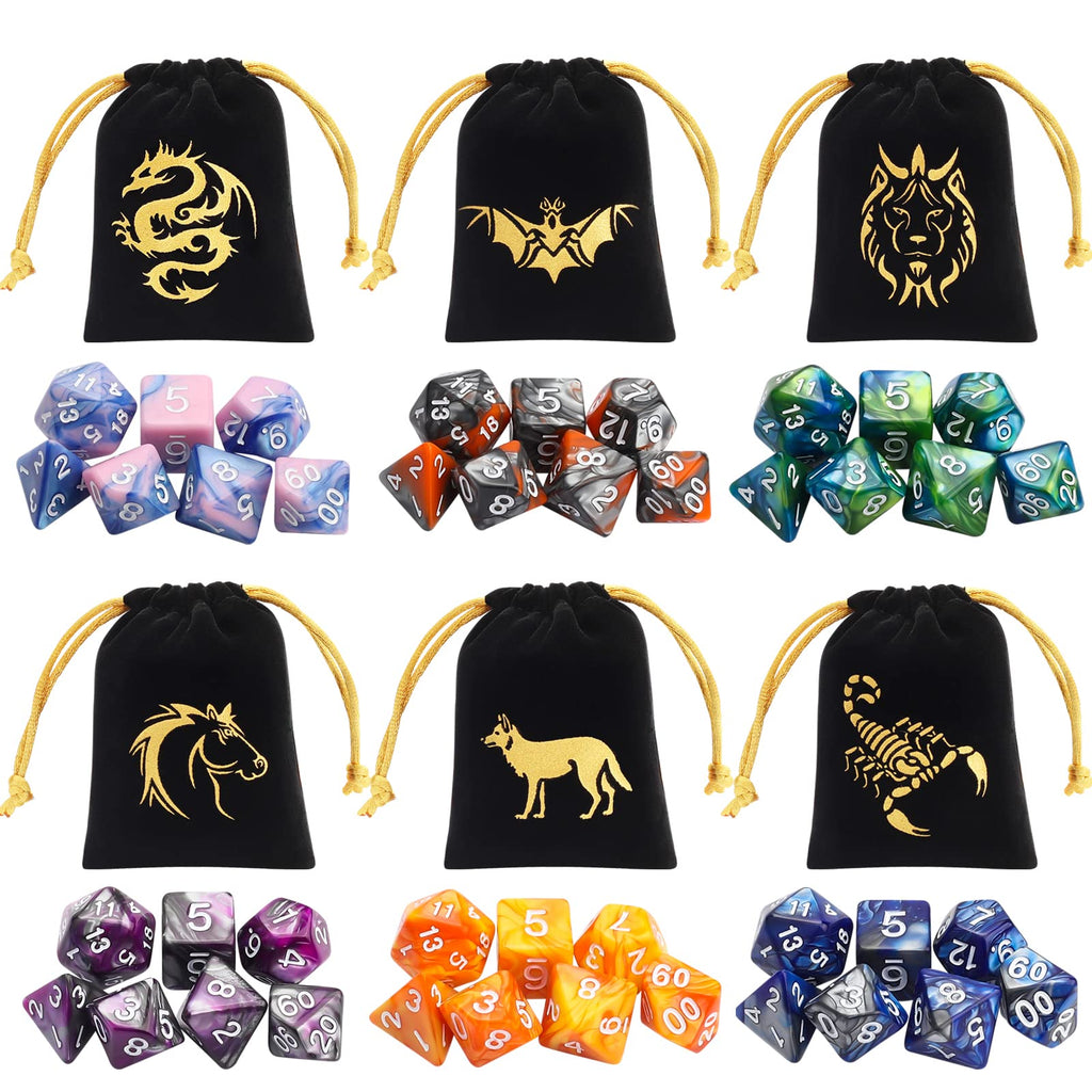 CiaraQ 42-Piece Polyhedral Dice Set – 6 Complete Sets for D&D RPG Games with Gold Pouches