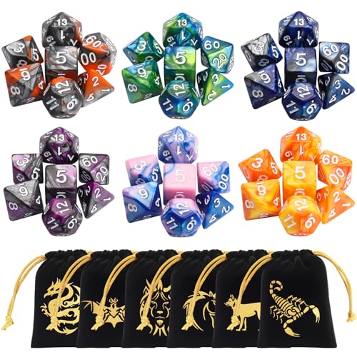 CiaraQ 42-Piece Polyhedral Dice Set – 6 Complete Sets for D&D RPG Games with Gold Pouches