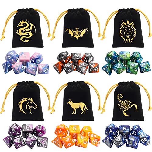 CiaraQ 42-Piece Polyhedral Dice Set – 6 Complete Sets for D&D RPG Games with Gold Pouches
