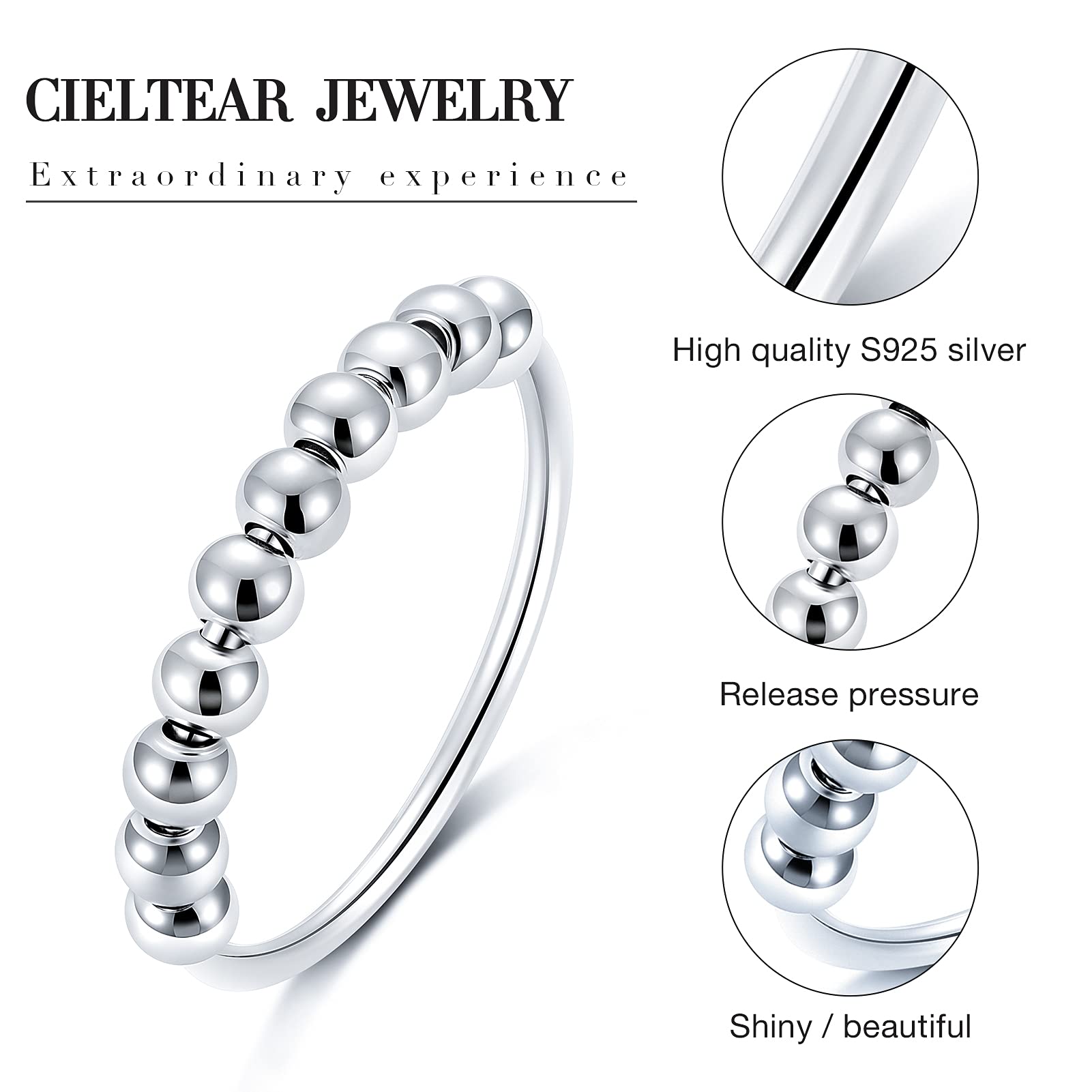 CIELTEAR 925 Sterling Silver Fidget Ring – Size 8, Smooth Spinner Ring for Anxiety Relief
