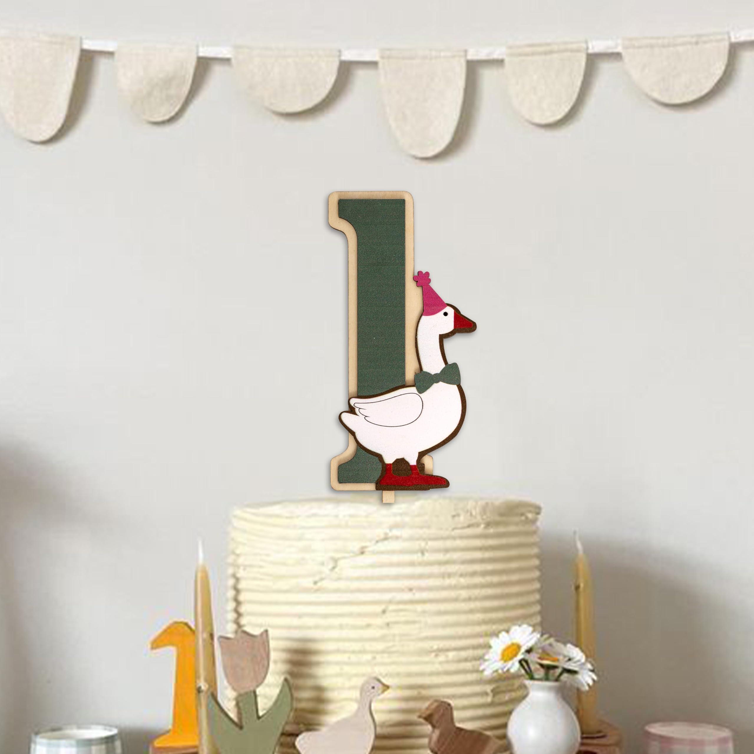 CIEQR One Silly Goose Cake Topper for First Birthday - Farm Animal Party Decor with Simple 1 and Goose Design, 7.5x2.7 Inches