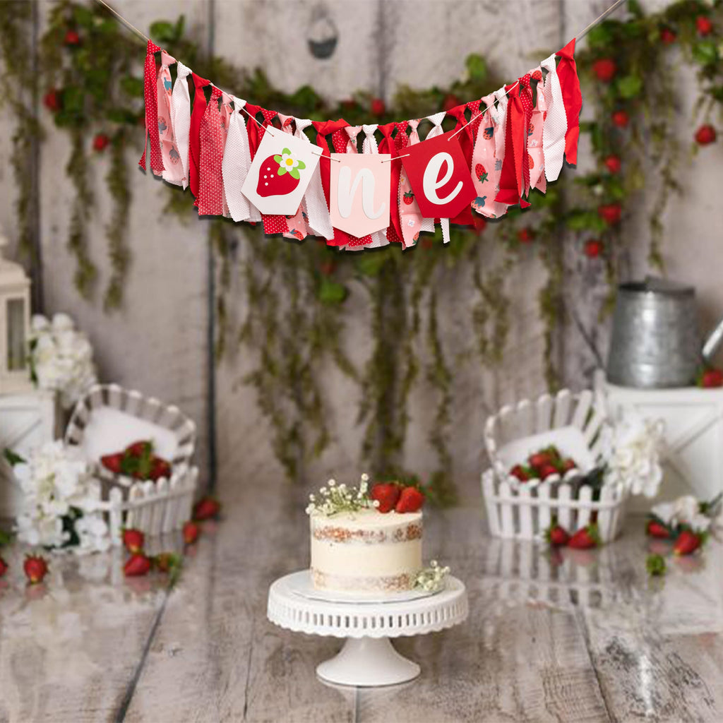 CIEQR Strawberry High Chair Banner – Berry First Birthday Decor, 80x9 Inch Cloth Banner for Cake Smash & Party