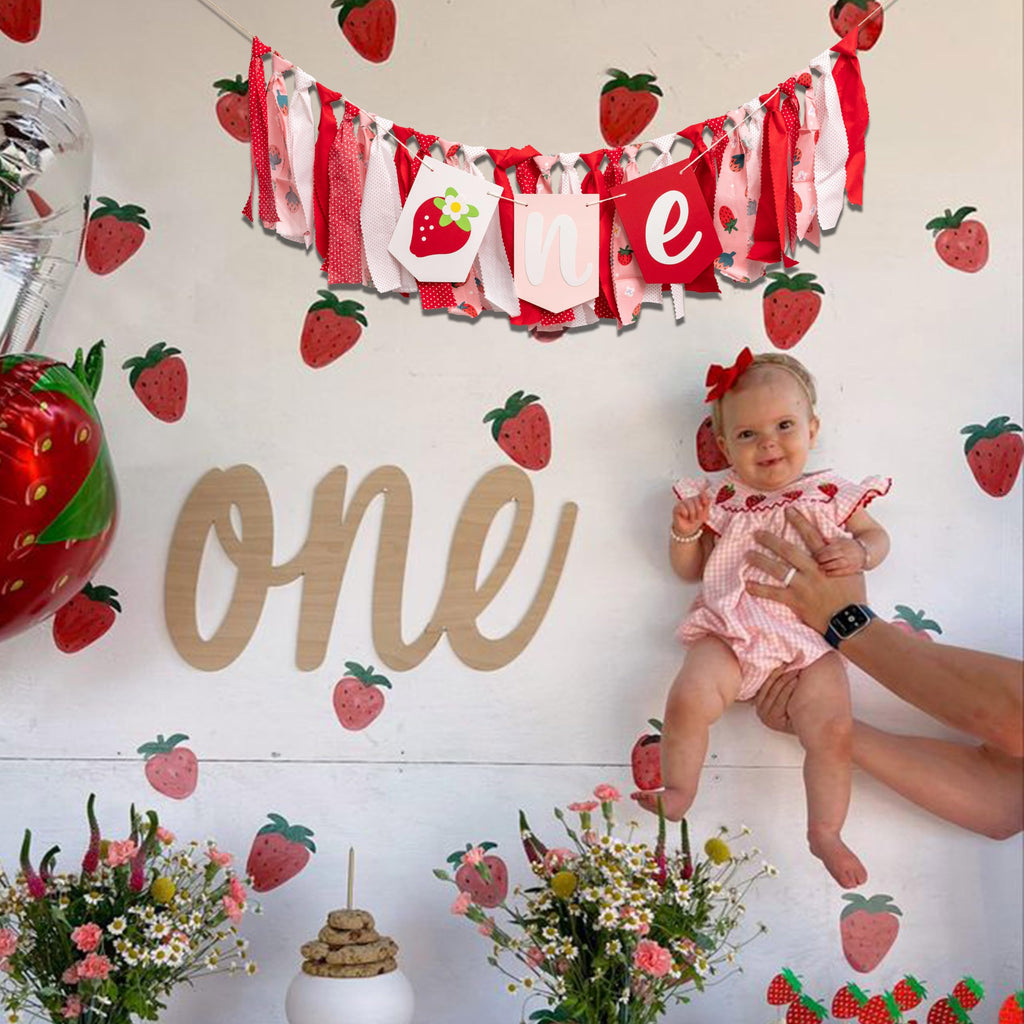 CIEQR Strawberry High Chair Banner – Berry First Birthday Decor, 80x9 Inch Cloth Banner for Cake Smash & Party