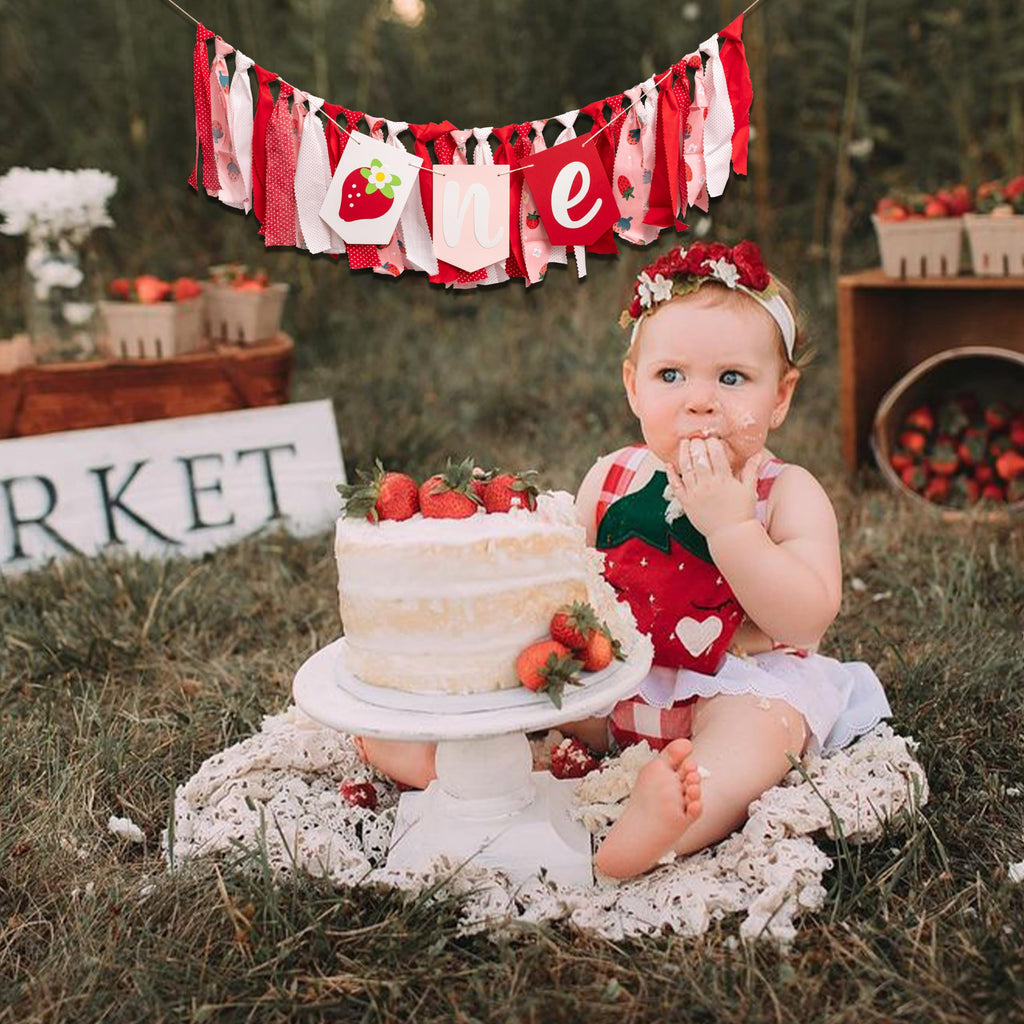 CIEQR Strawberry High Chair Banner – Berry First Birthday Decor, 80x9 Inch Cloth Banner for Cake Smash & Party