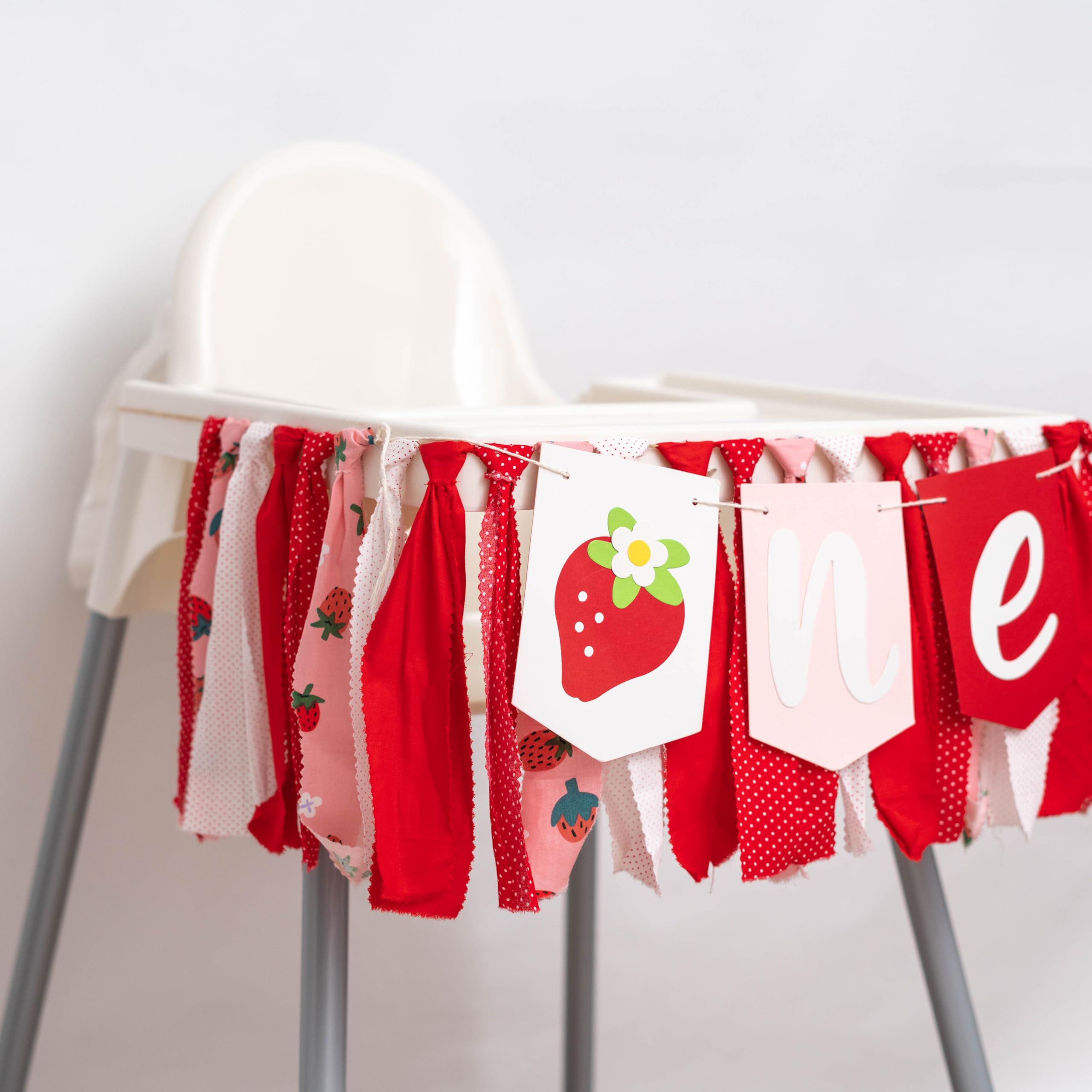 CIEQR Strawberry High Chair Banner – Berry First Birthday Decor, 80x9 Inch Cloth Banner for Cake Smash & Party