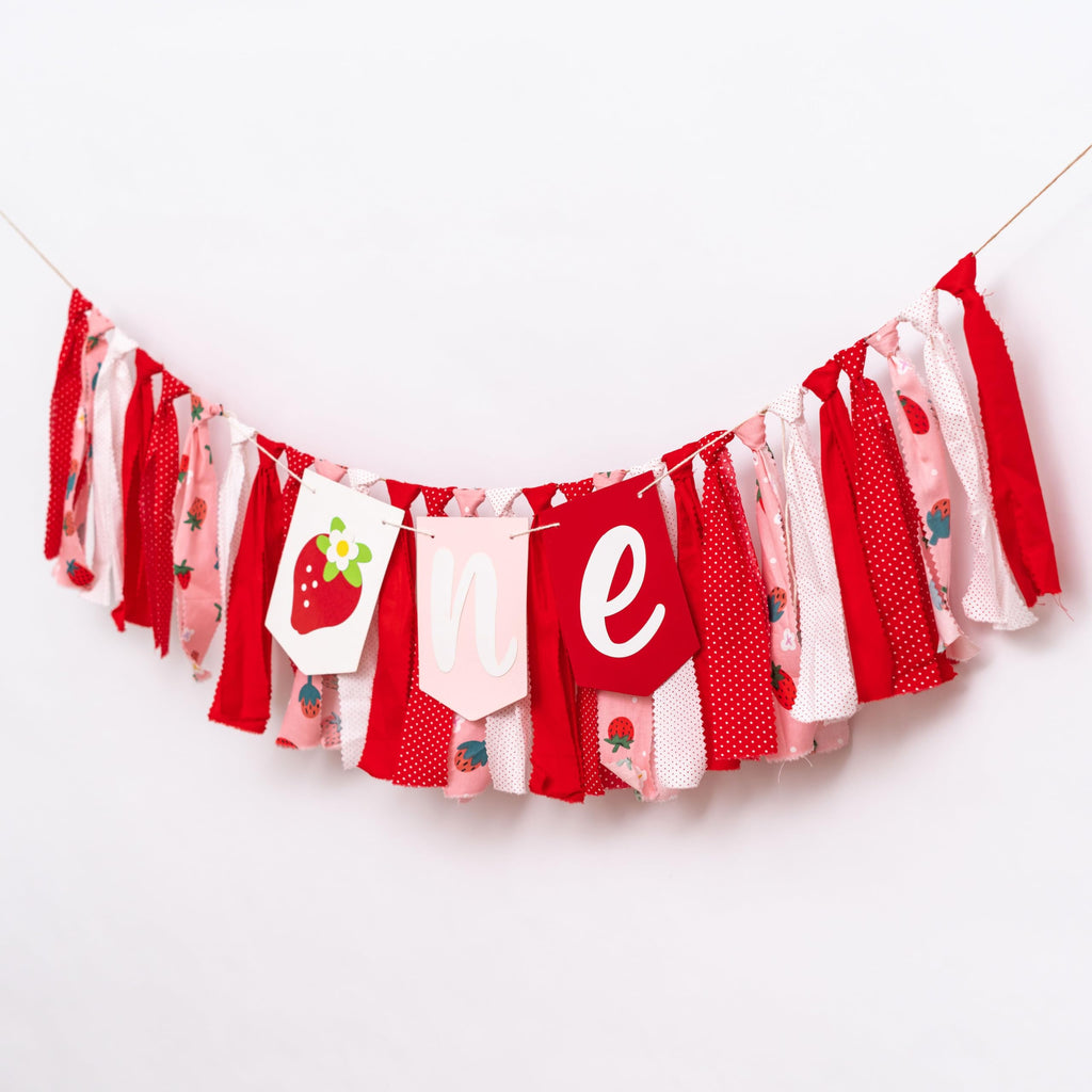 CIEQR Strawberry High Chair Banner – Berry First Birthday Decor, 80x9 Inch Cloth Banner for Cake Smash & Party