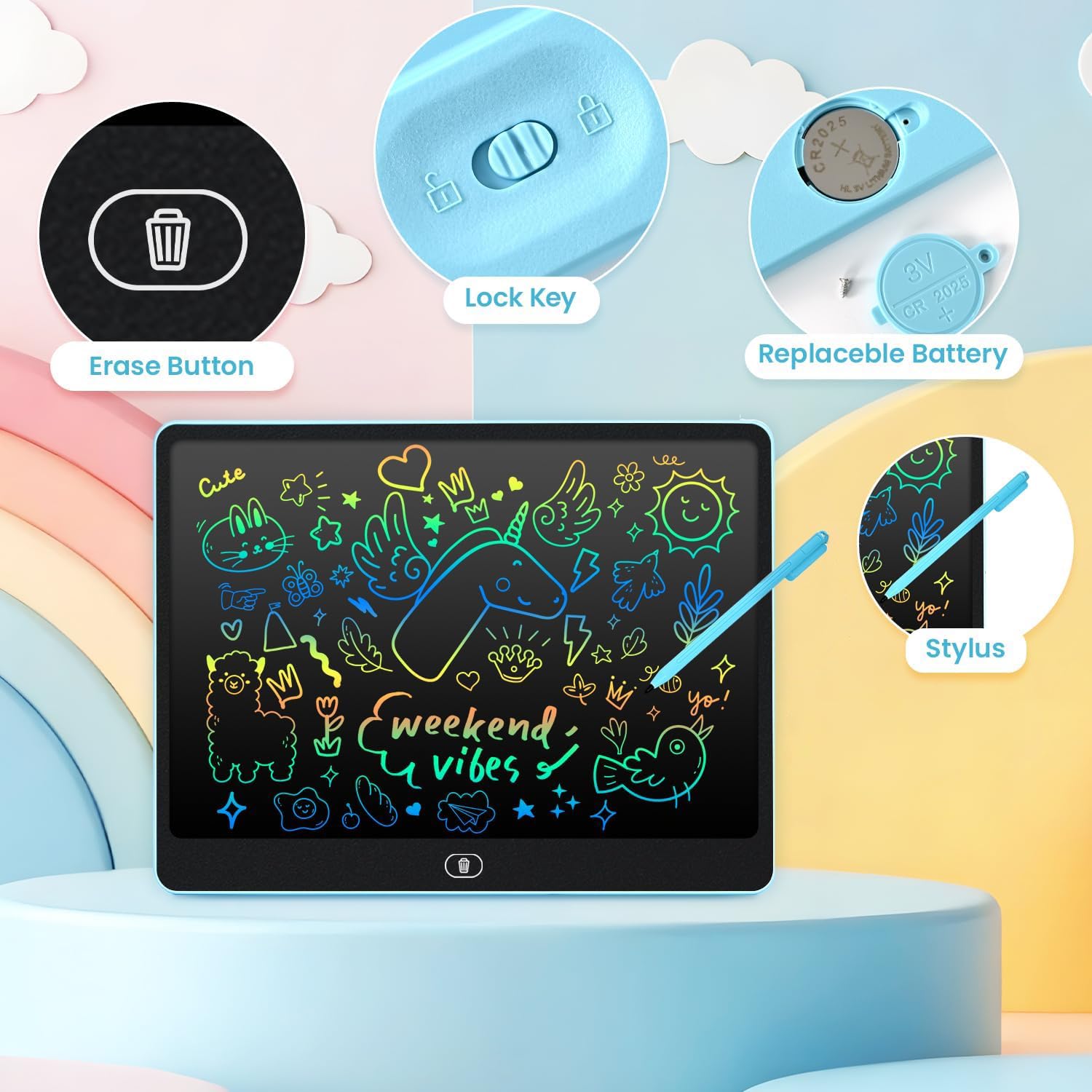 cimetech 16-Inch LCD Writing Tablet for Kids - Blue Doodle Board, Travel-Friendly, Eye-Protecting Screen