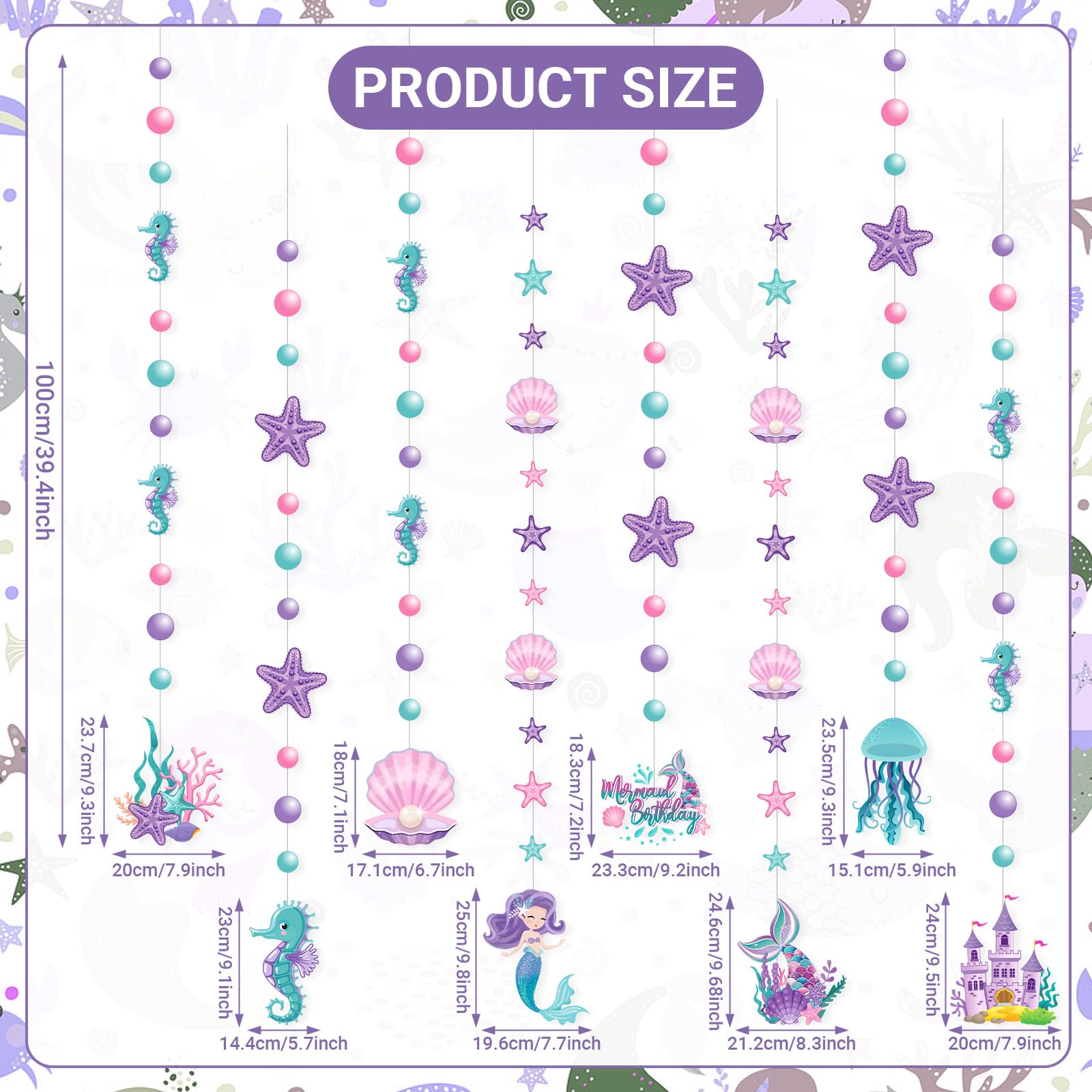 Cindeer 8-Piece Mermaid Under the Sea Garland Set - Ocean Party Decorations with Jellyfish, Starfish, and Mermaids