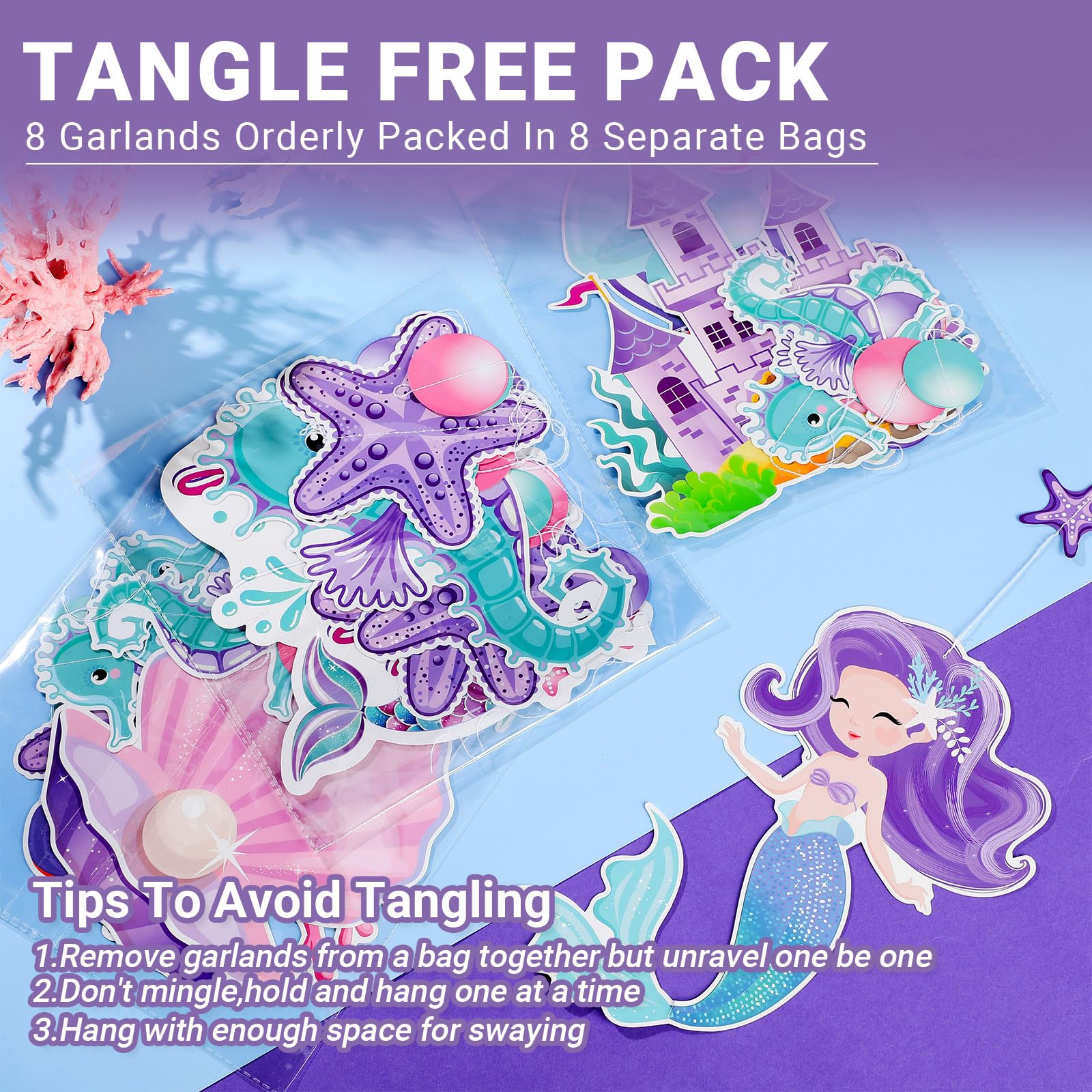 Cindeer 8-Piece Mermaid Under the Sea Garland Set - Ocean Party Decorations with Jellyfish, Starfish, and Mermaids
