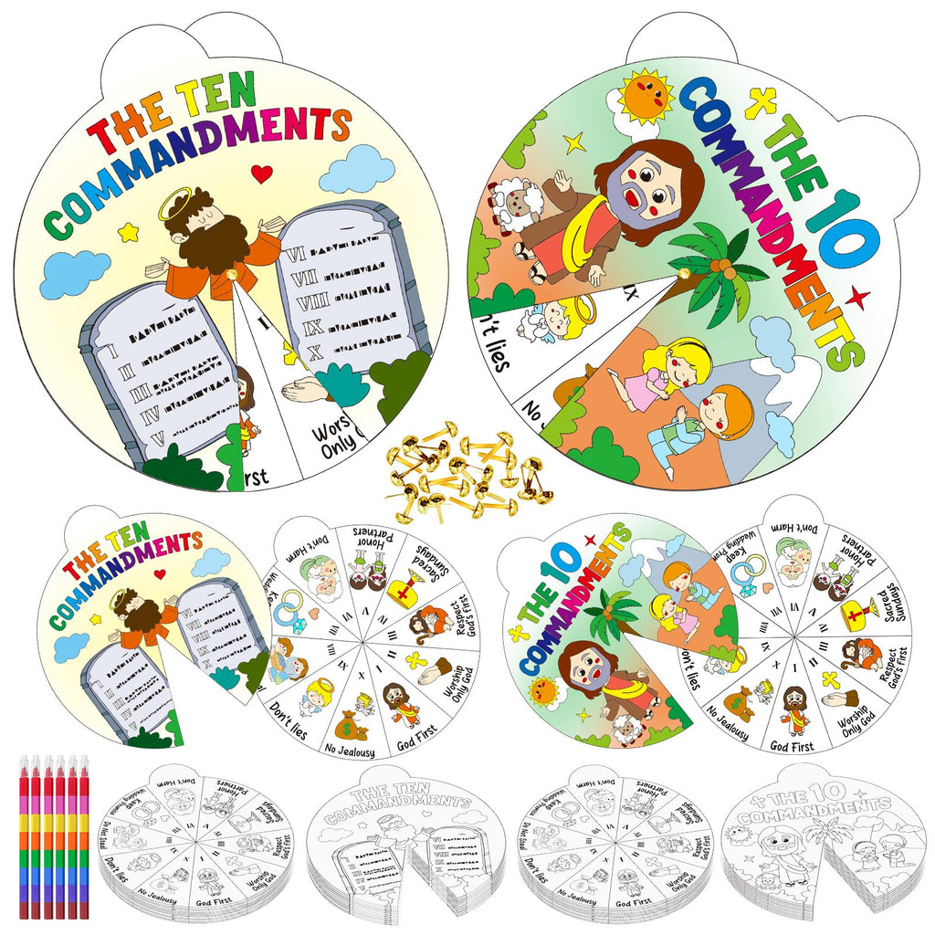 Cinrobiye Ten Commandments Coloring Wheel Craft Kit – 48 Cards, 3 Patterns, Crayons & Pins for Sunday School & VBS
