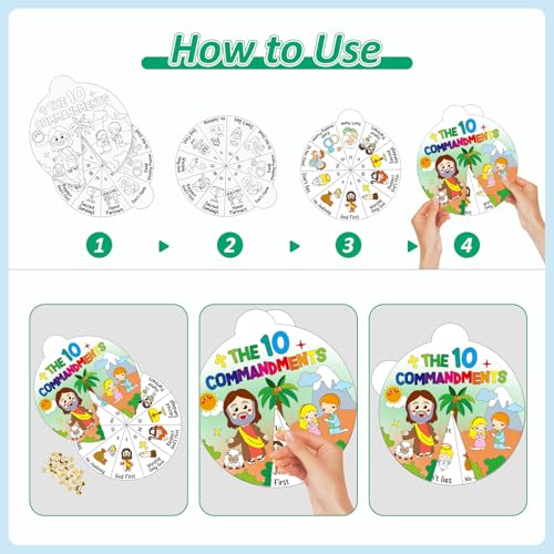 Cinrobiye Ten Commandments Coloring Wheel Craft Kit – 48 Cards, 3 Patterns, Crayons & Pins for Sunday School & VBS