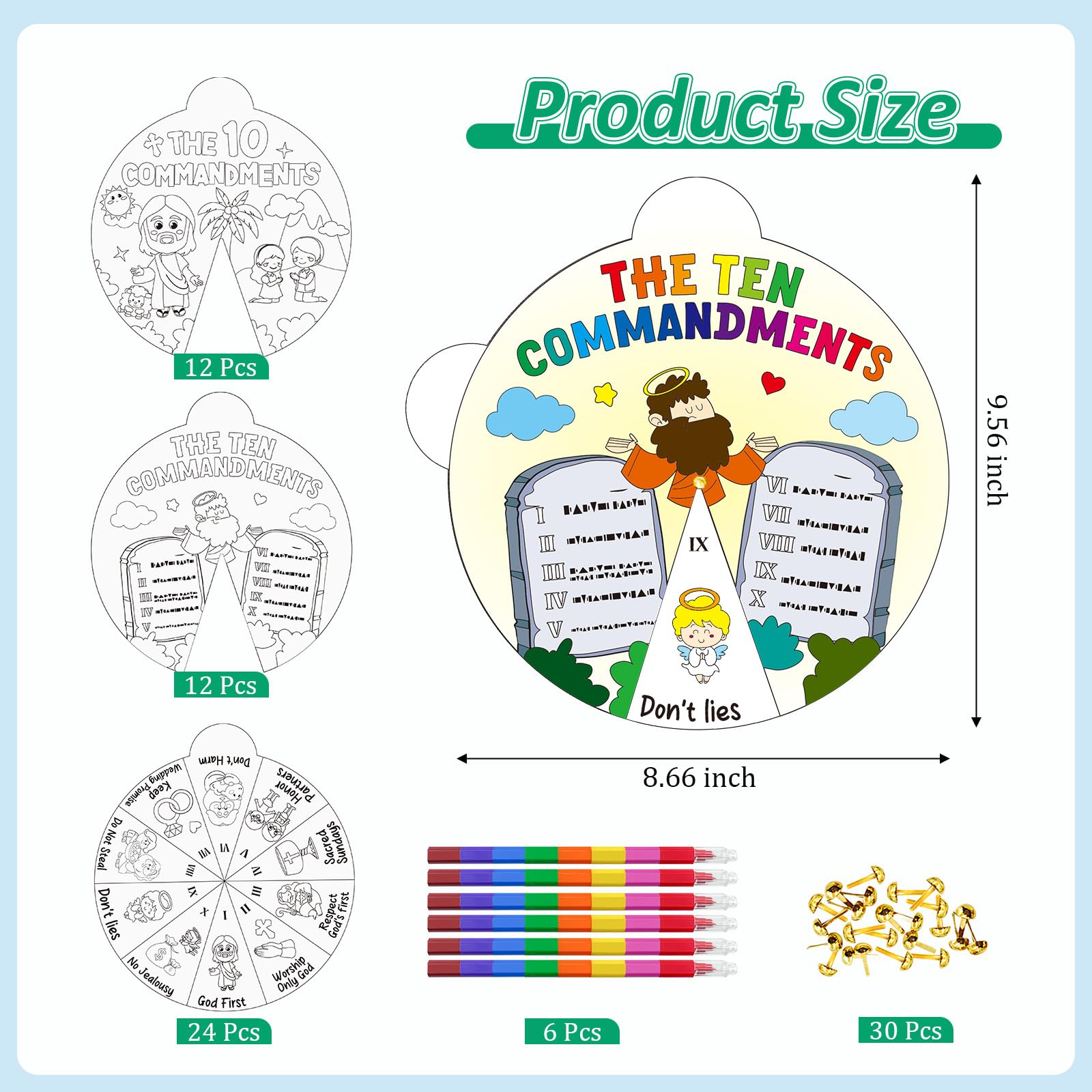 Cinrobiye Ten Commandments Coloring Wheel Craft Kit – 48 Cards, 3 Patterns, Crayons & Pins for Sunday School & VBS