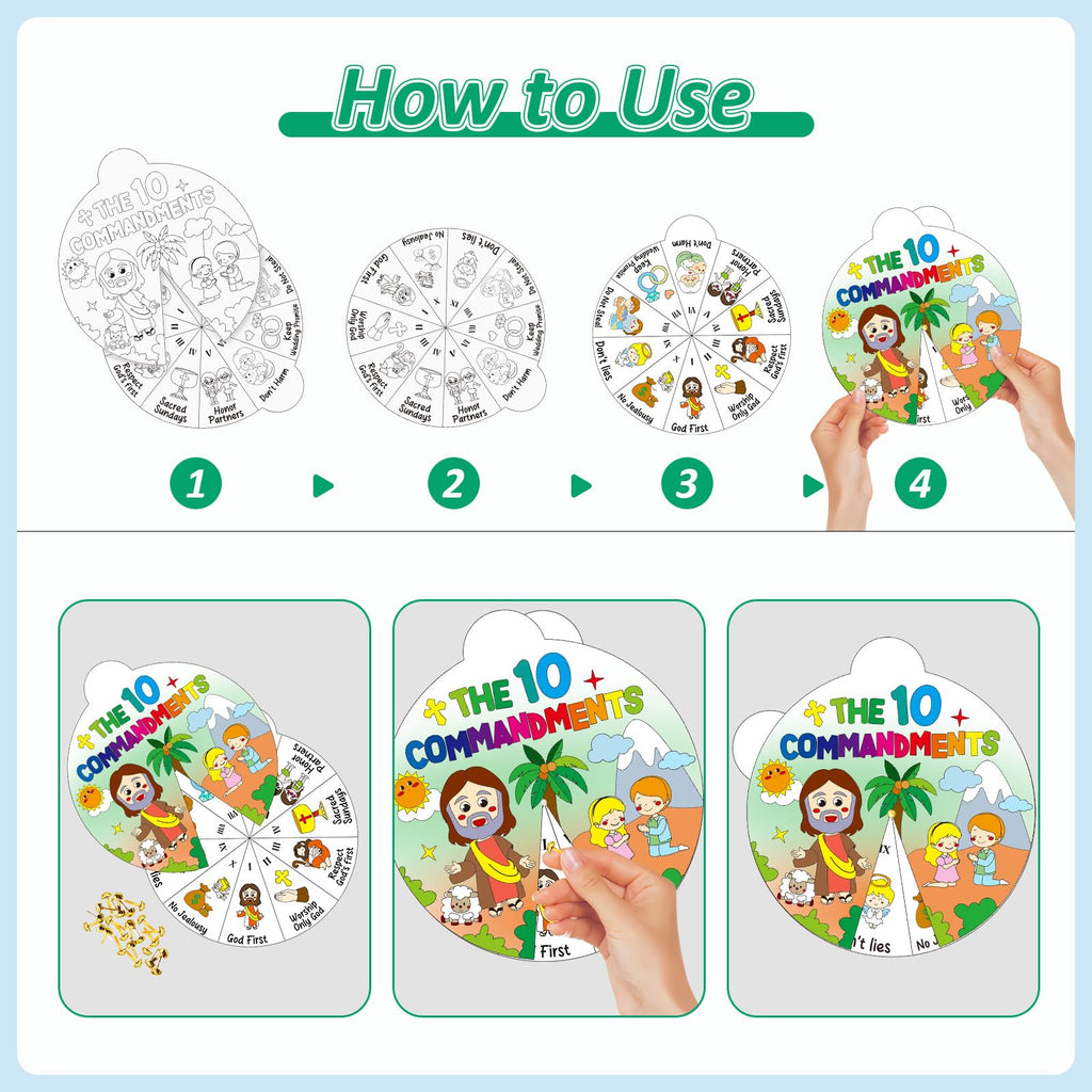 Cinrobiye Ten Commandments Coloring Wheel Craft Kit – 48 Cards, 3 Patterns, Crayons & Pins for Sunday School & VBS