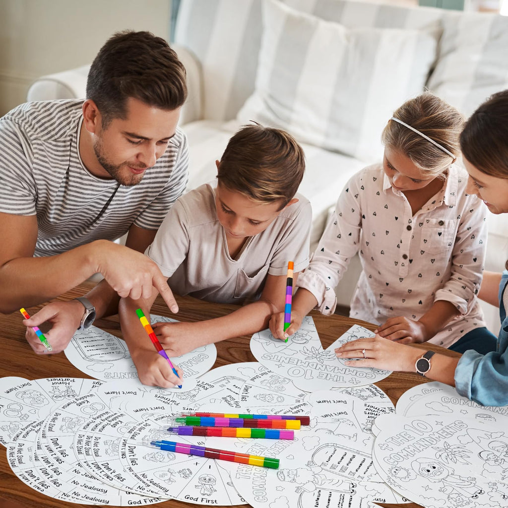 Cinrobiye Ten Commandments Coloring Wheel Craft Kit – 48 Cards, 3 Patterns, Crayons & Pins for Sunday School & VBS