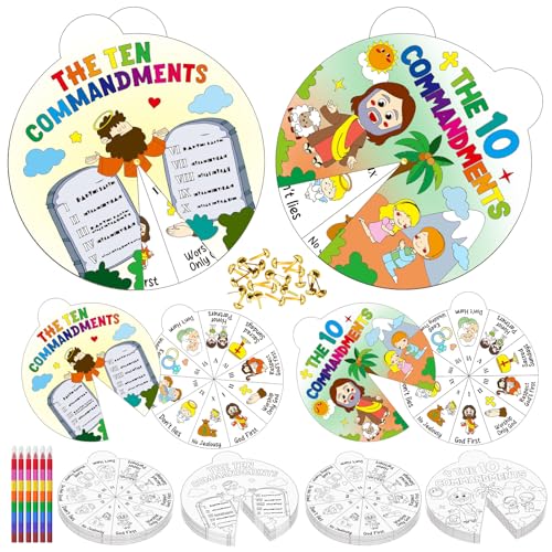 Cinrobiye Ten Commandments Coloring Wheel Craft Kit – 48 Cards, 3 Patterns, Crayons & Pins for Sunday School & VBS