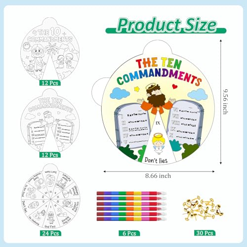 Cinrobiye Ten Commandments Coloring Wheel Craft Kit – 48 Cards, 3 Patterns, Crayons & Pins for Sunday School & VBS