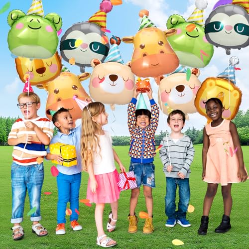 Civaner 10-Pack Jungle Safari Animal Foil Balloons - Bear, Giraffe, Lion, Frog, Sloth - Aluminum Foil Balloons for Birthday, Baby Shower, Gender Reveal Party Decor