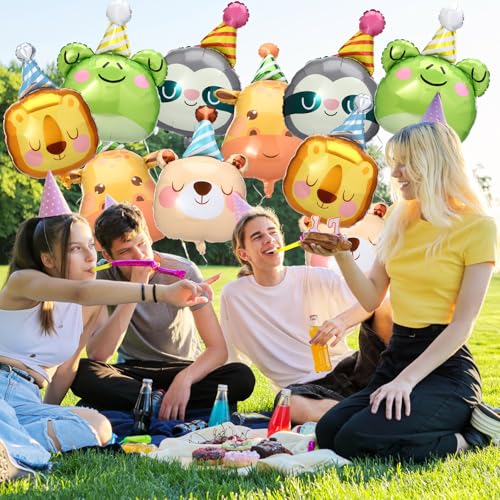 Civaner 10-Pack Jungle Safari Animal Foil Balloons - Bear, Giraffe, Lion, Frog, Sloth - Aluminum Foil Balloons for Birthday, Baby Shower, Gender Reveal Party Decor