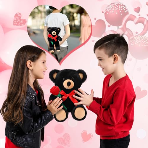 Civaner 11.8-Inch Black Bear Plush with Rose – Soft Stuffed Animal for Gifting