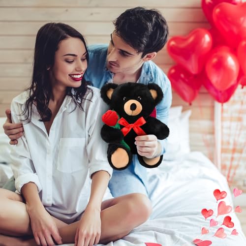 Civaner 11.8-Inch Black Bear Plush with Rose – Soft Stuffed Animal for Gifting
