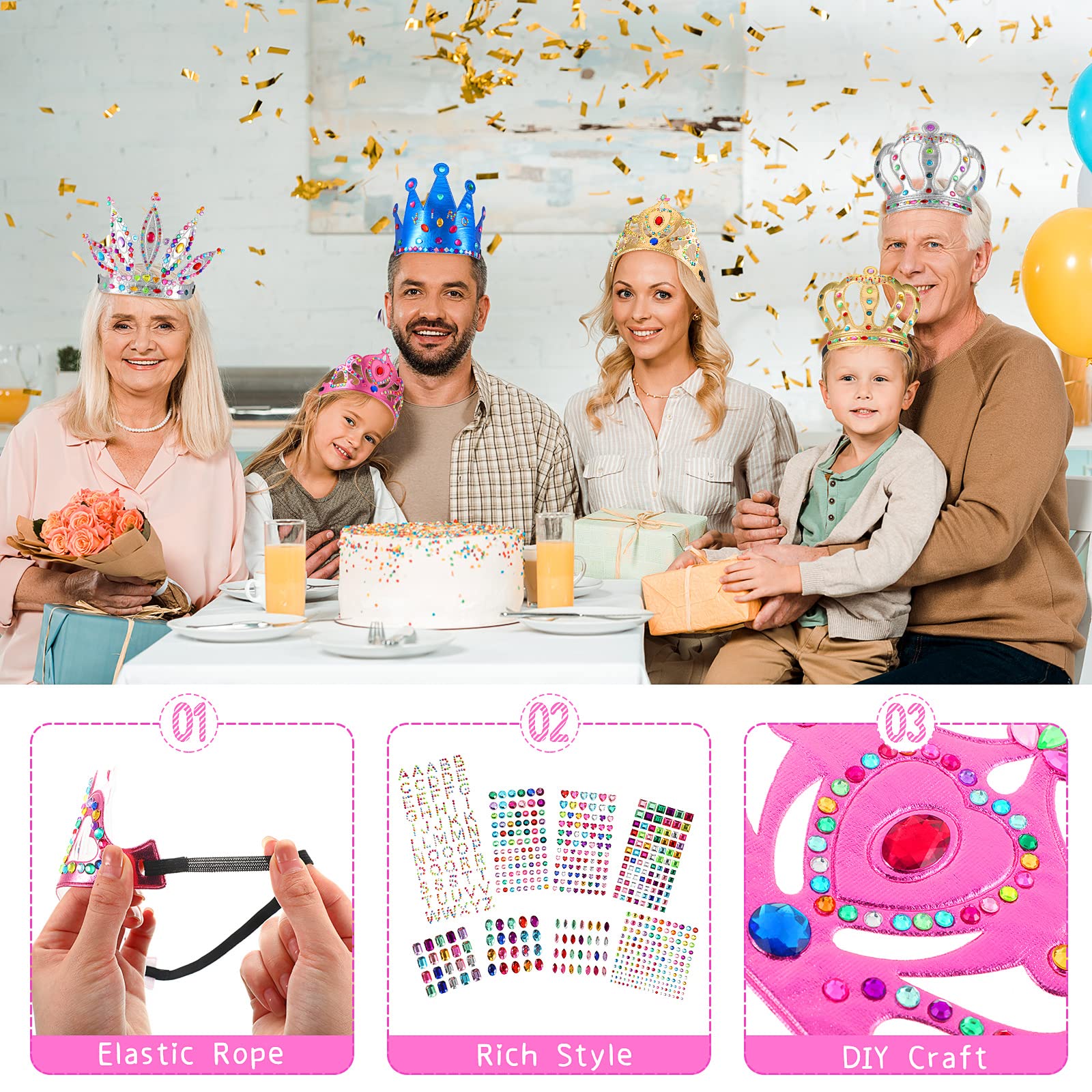 Civaner 17-Piece Princess Crown DIY Kit with Rhinestone Stickers for Kids