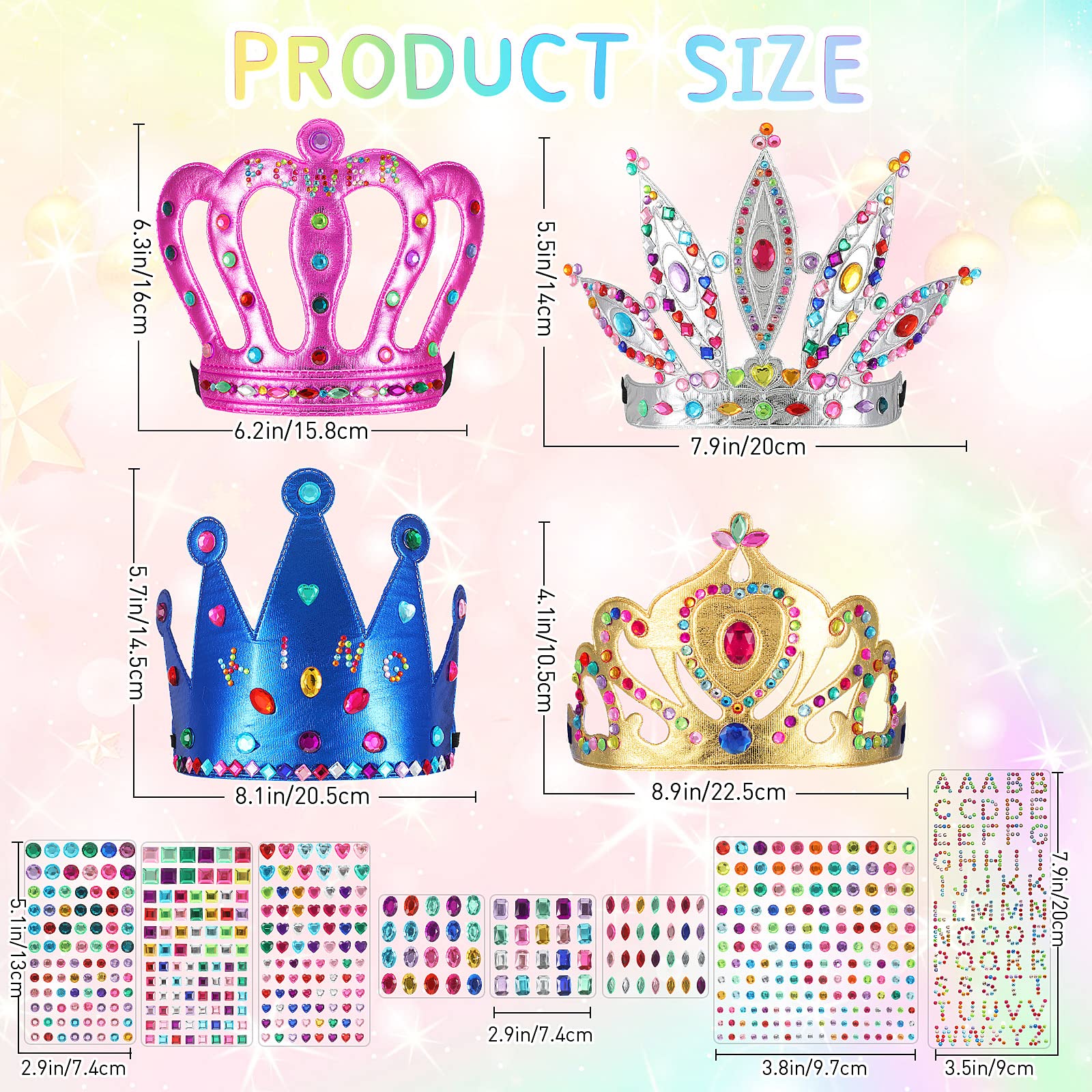 Civaner 17-Piece Princess Crown DIY Kit with Rhinestone Stickers for Kids