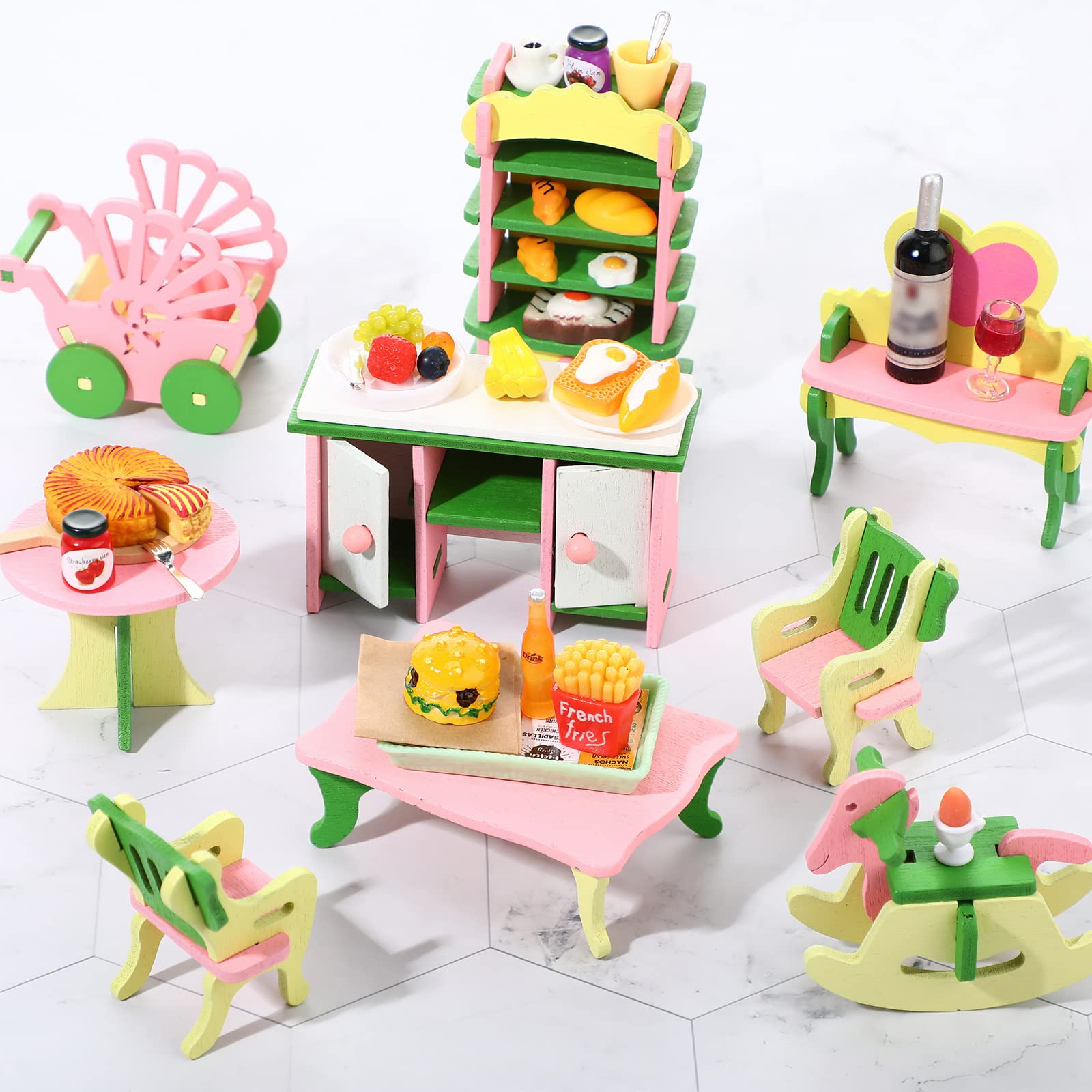 Civaner 38-Piece Miniature Food Play Set – 7 Themed Dollhouse Food Accessories for Pretend Kitchen