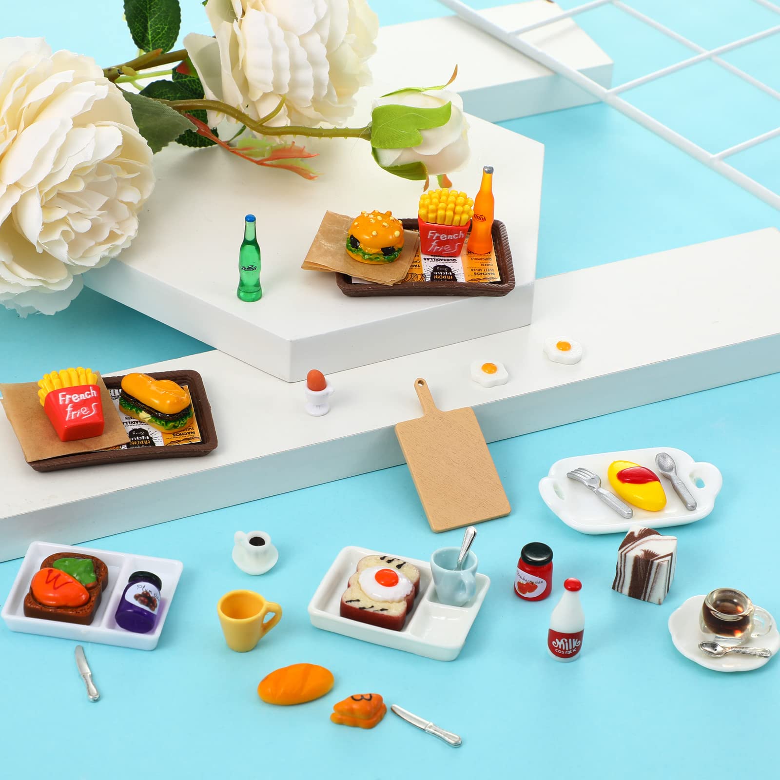 Civaner 38-Piece Miniature Food Toy Set for Dollhouse - Resin Fast Food Playset with Burgers, Fries, and Drinks