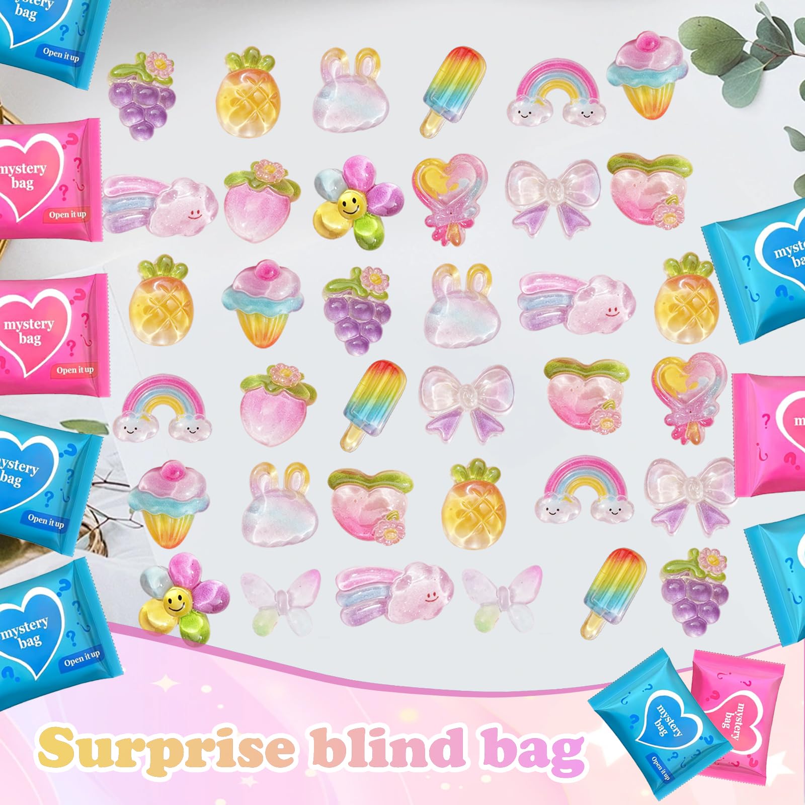 CIYOJA 50pc Rainbow Mystery Blind Bag Set - Colorful Mini Resin Charms & Mini Figures for DIY Slime, Dollhouse, Party Favors